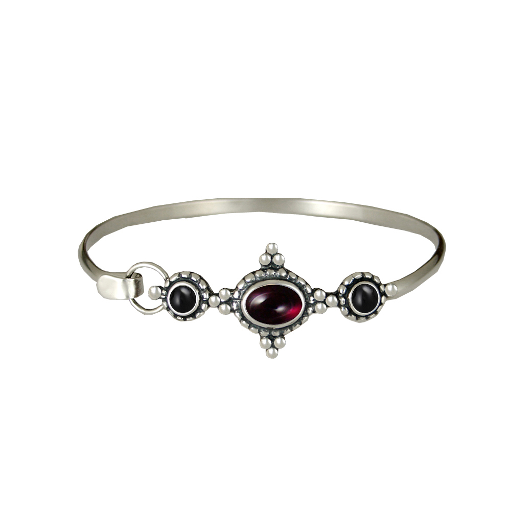 Sterling Silver Gemstone Strap Latch Spring Hook Bangle Bracelet Garnet And Black Onyx